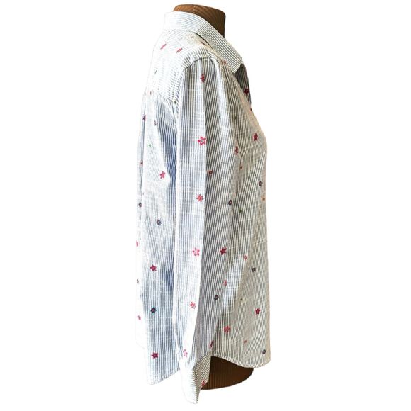 GAP Women's Blue Cotton Chambray Stripe Top Embroidery Long Sleeve Sz L - Picture 4 of 9